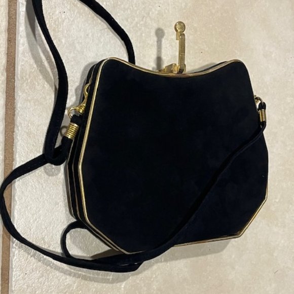 VTG Black Suede Gold Trim Clamp Hard Case Hinged Shoulder Bag Clutch 7.25"x6.25" - Picture 10 of 16